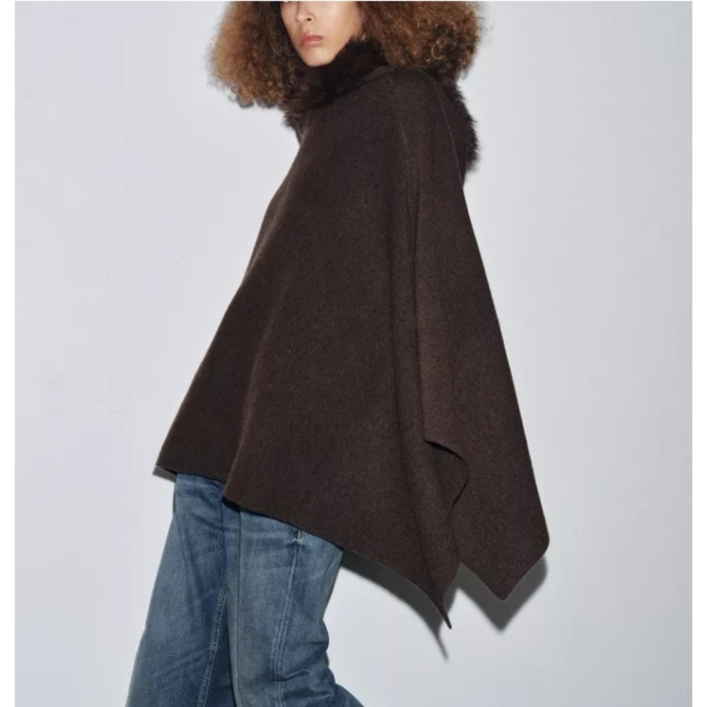Zara Brown Knit Wool Blend Hooded Poncho Cape with Faux Fur Trim - Picture 3 of 10